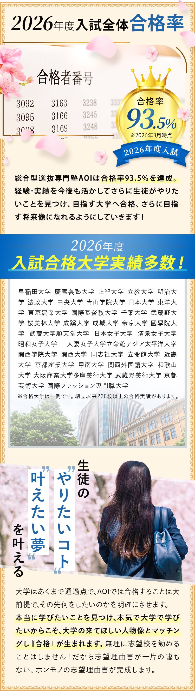 2026年度入試全体合格率93.5% 入試合格大学実績多数 生徒のやりたいこと叶えたい夢